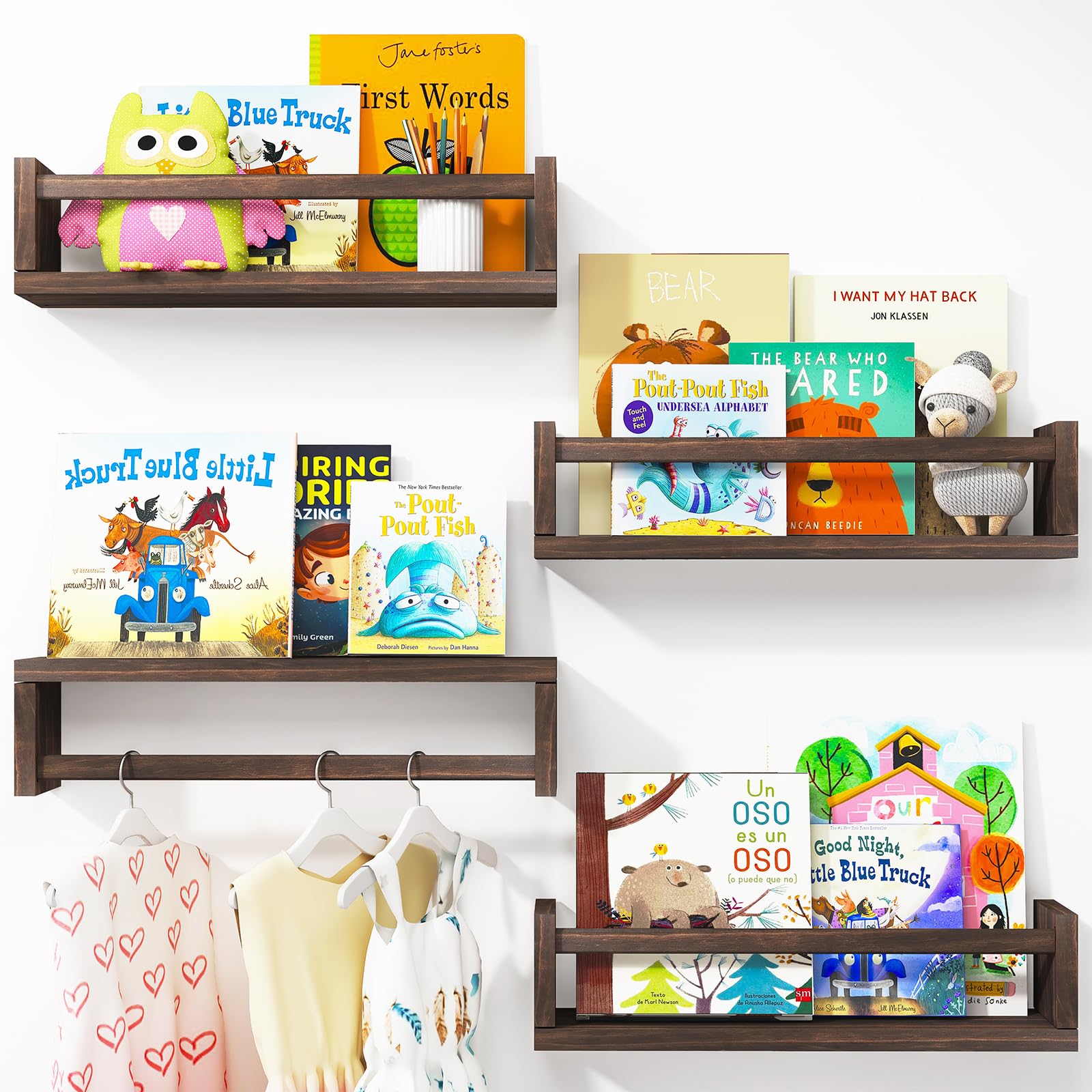 Fixwal Nursery Book Shelves, 16.5 Inch Floating Bookshelves for Nursery and Playroom Decor, Set of 4, Solid Wood Wall Mounted Shelves for Books and Toys Storage (Brown) โ image 1