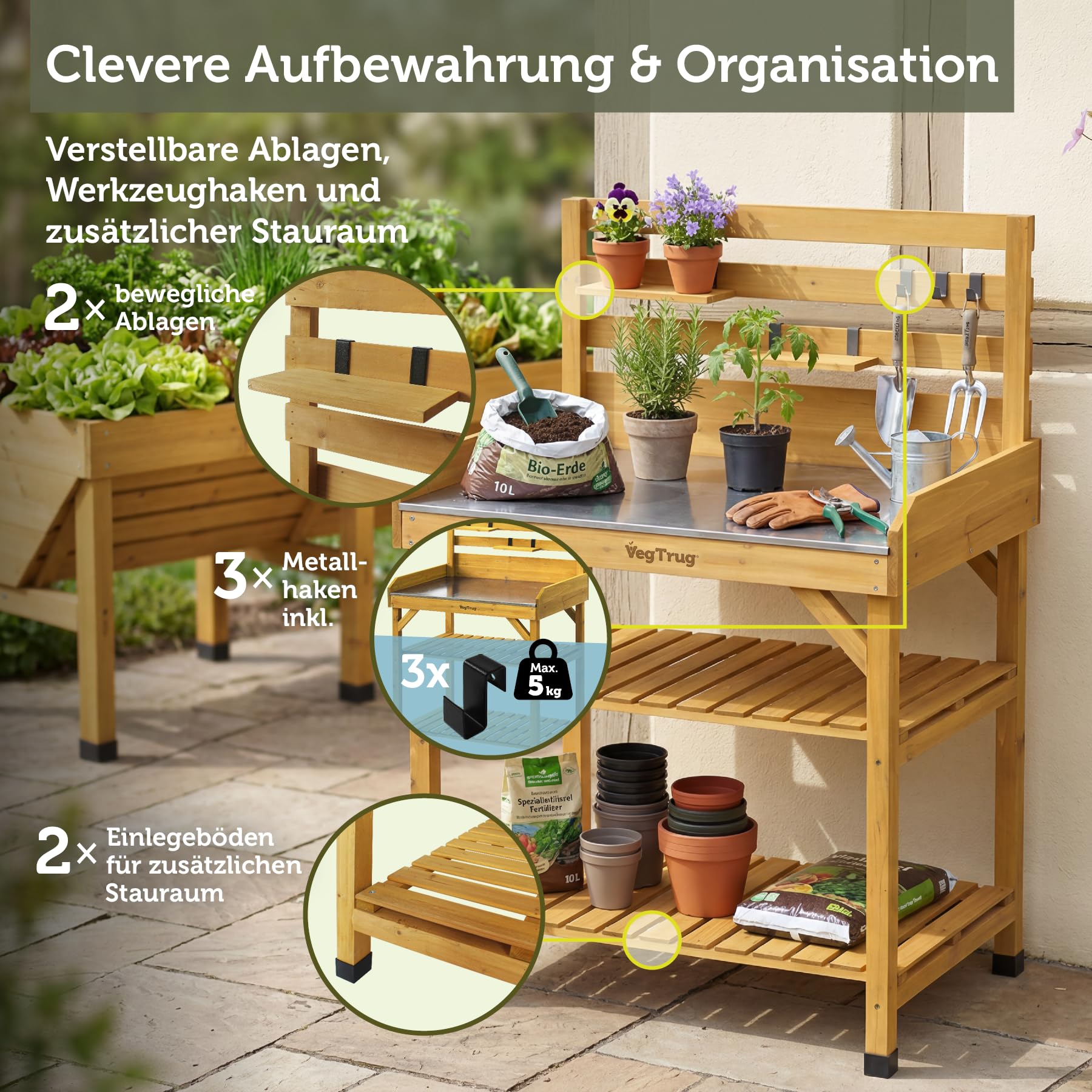 VegTrug® Mesa de Cultivo 100% Madera certificada FSC, 81 x 56 x 125 cm, Color Natural