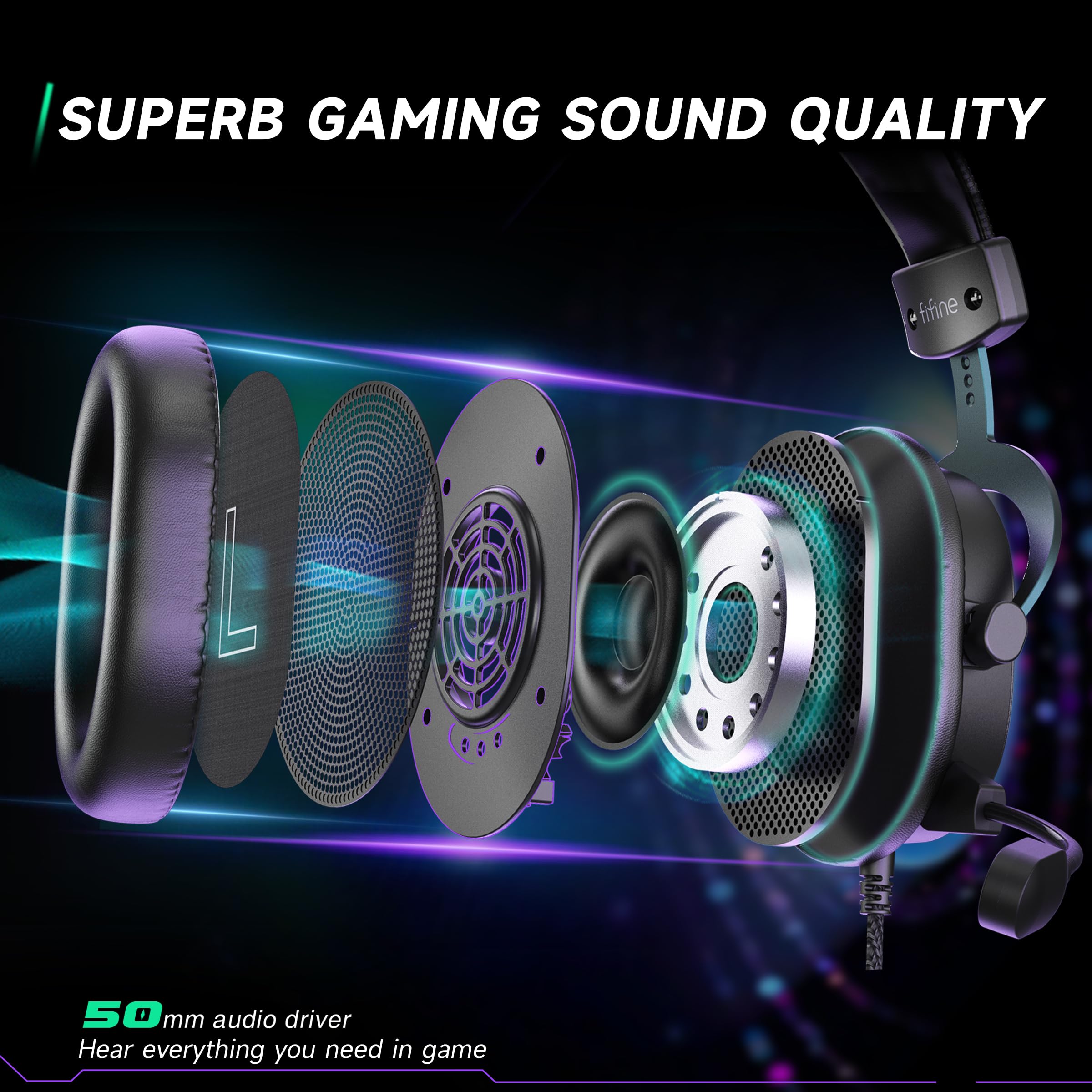FIFINE Gaming Headset mit Mikrofon, Over Ear Kopfhörer mit Kabel, USB Headset für PC PS4 PS5 Xbox Switch, RGB Headphone mit 7.1 Surround Sound und Ohrpolster