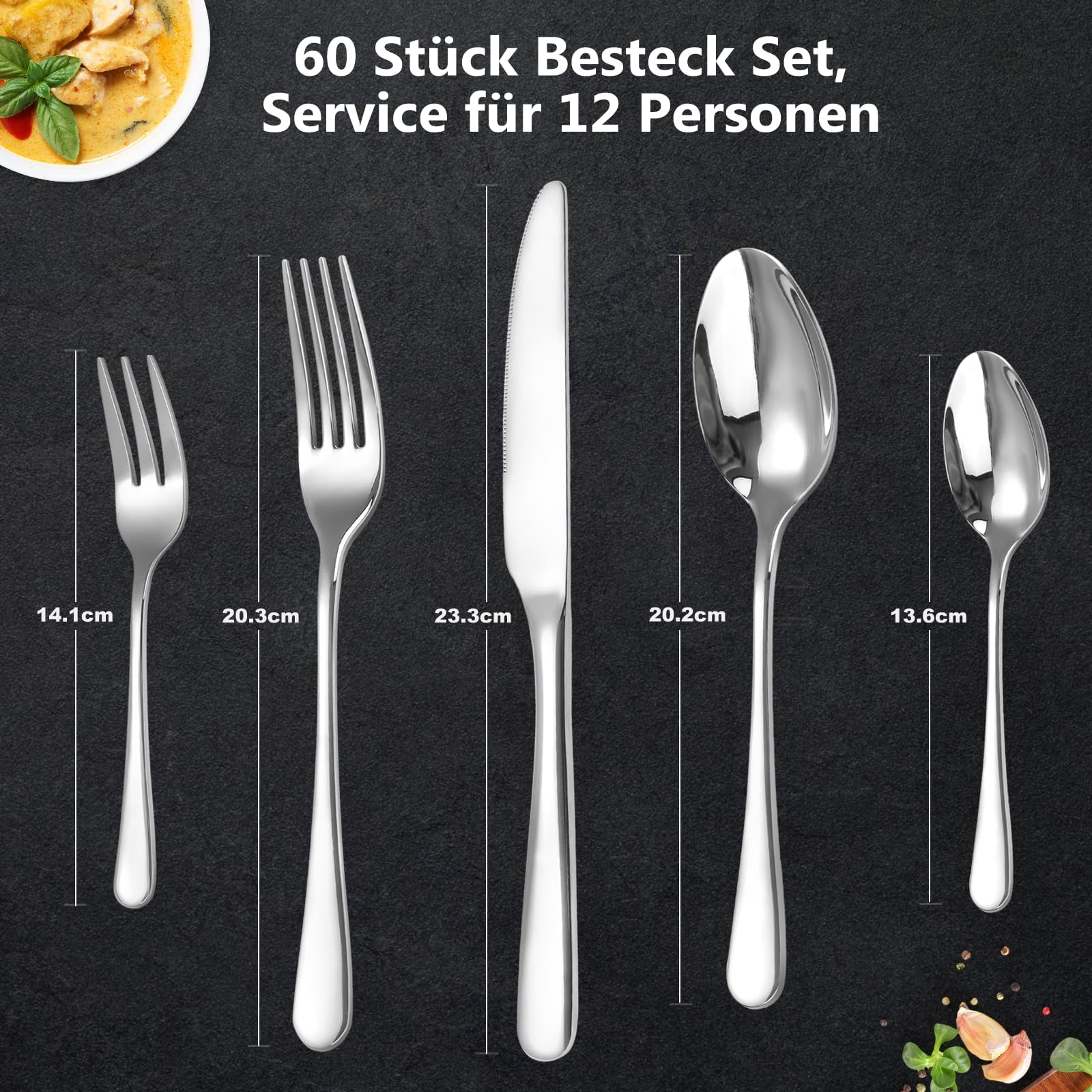 Juego de cubiertos para 12 personas, 60 piezas, juego de cubertería con cuchillo, tenedor, cuchara, cubiertos de acero inoxidable pulido espejo, apto para lavavajillas