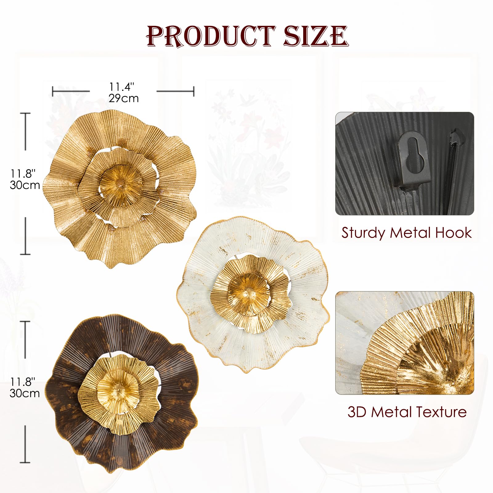 Hollyone 12" Gold Wall Décor Pack of 3 Metal Flower Plate Wall Art Modern Accent Hanging Wall Decorations for Home Office Bedroom Living Room Wall Sculptures - Image 2