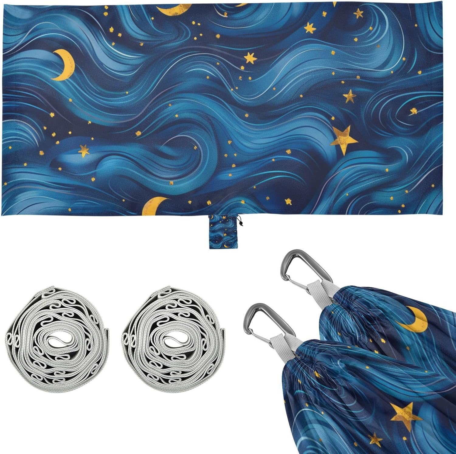 Blue Waves and Yellow Stars at Night Hammocks for Camping with Portabl Carry Bag Fabric Hammock for Outside Patio Garden