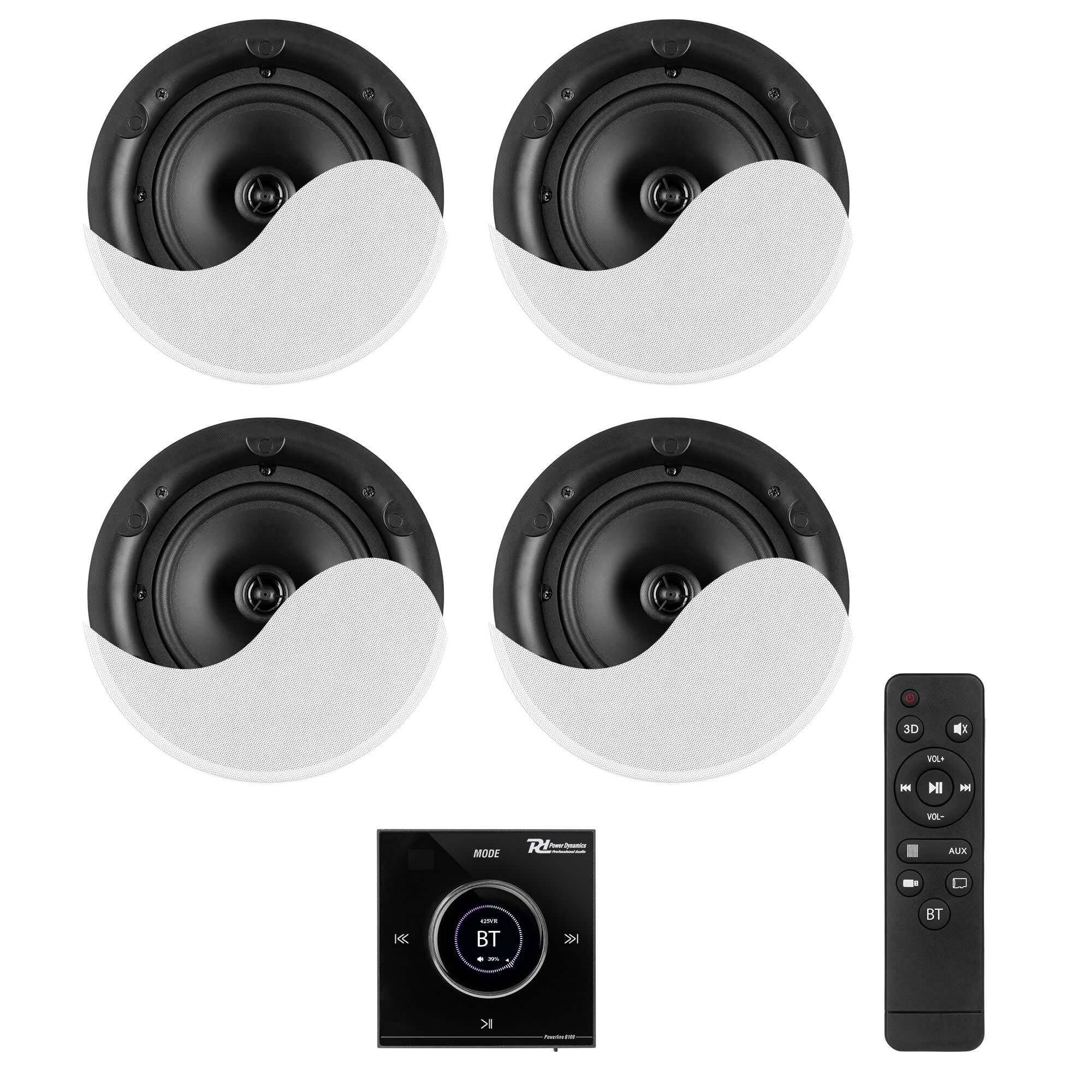 Power Dynamics Powerline B100BSet Amplificateur Mural Stéréo 4x25W Noir avec 4 Enceintes de Plafond 6,5" Blanches, Installation Discrète, Idéale Maison et Pro