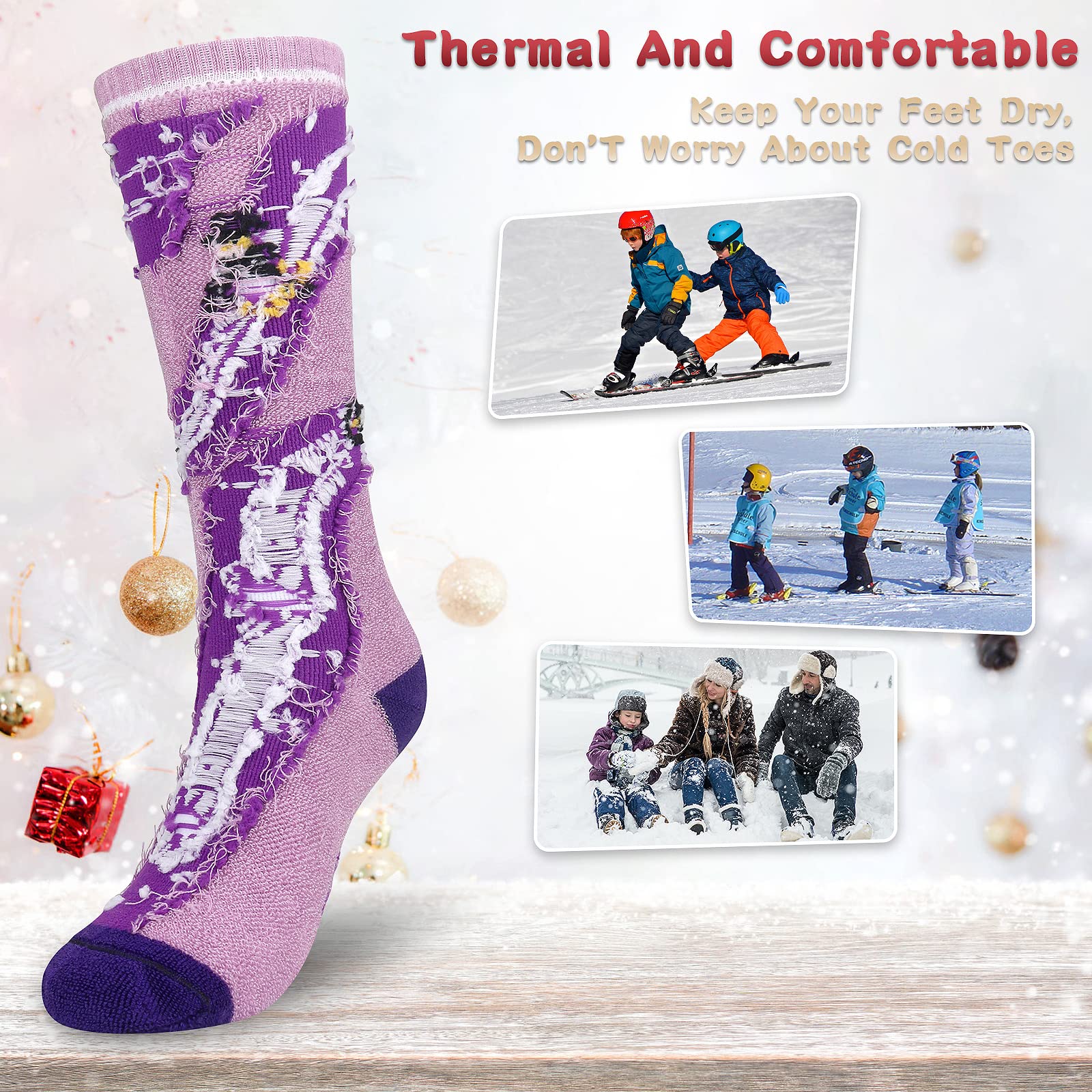 KOOOGEAR Calcetines de esquí para niños, calcetines térmicos largos hasta la rodilla para niñas y niños, coloridos calcetines deportivos para botas de nieve, para patinaje, esquí, snowboard, niños