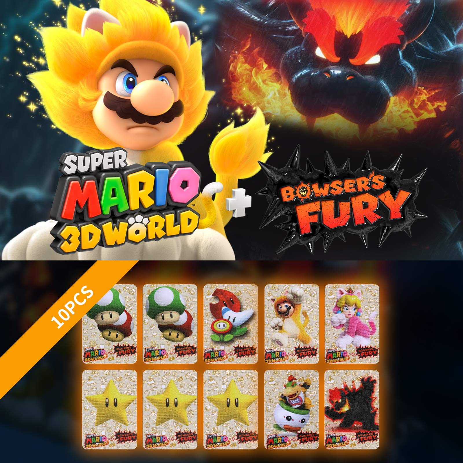 for Super Mario 3D World + Bowser's Fury New NFC Tag Game Cards, 10 PCS Value Pack NFC Amiibo Mini Cards