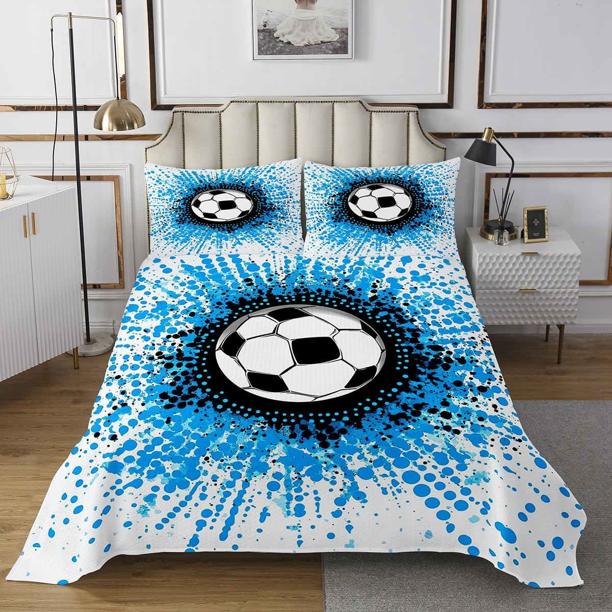 Erosebirdal Football Quilts Queen Size,Blue Ink Cartoon Soccer Ball Quilt Set for Boys Teen,American Sports Bedspread Set for Bedroom Decoration with 2 Pillowcases