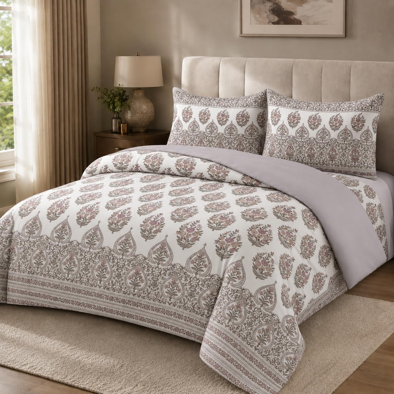 Reversible Comforter King Size, 4 Piece Bedding Set,Glace Cotton, 110 GSM Fiber Filling, Single Needle Quilting, Bag Packing, All Season (Rose Paisley)-picture-22