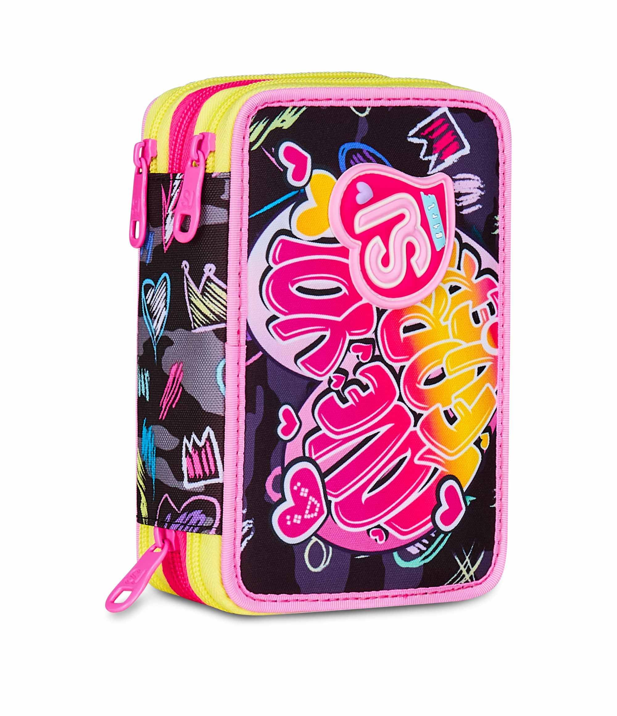 Astuccio Scuola 3 Zip Fucsia Arancio Portapenne Triplo Scomparto Completo
