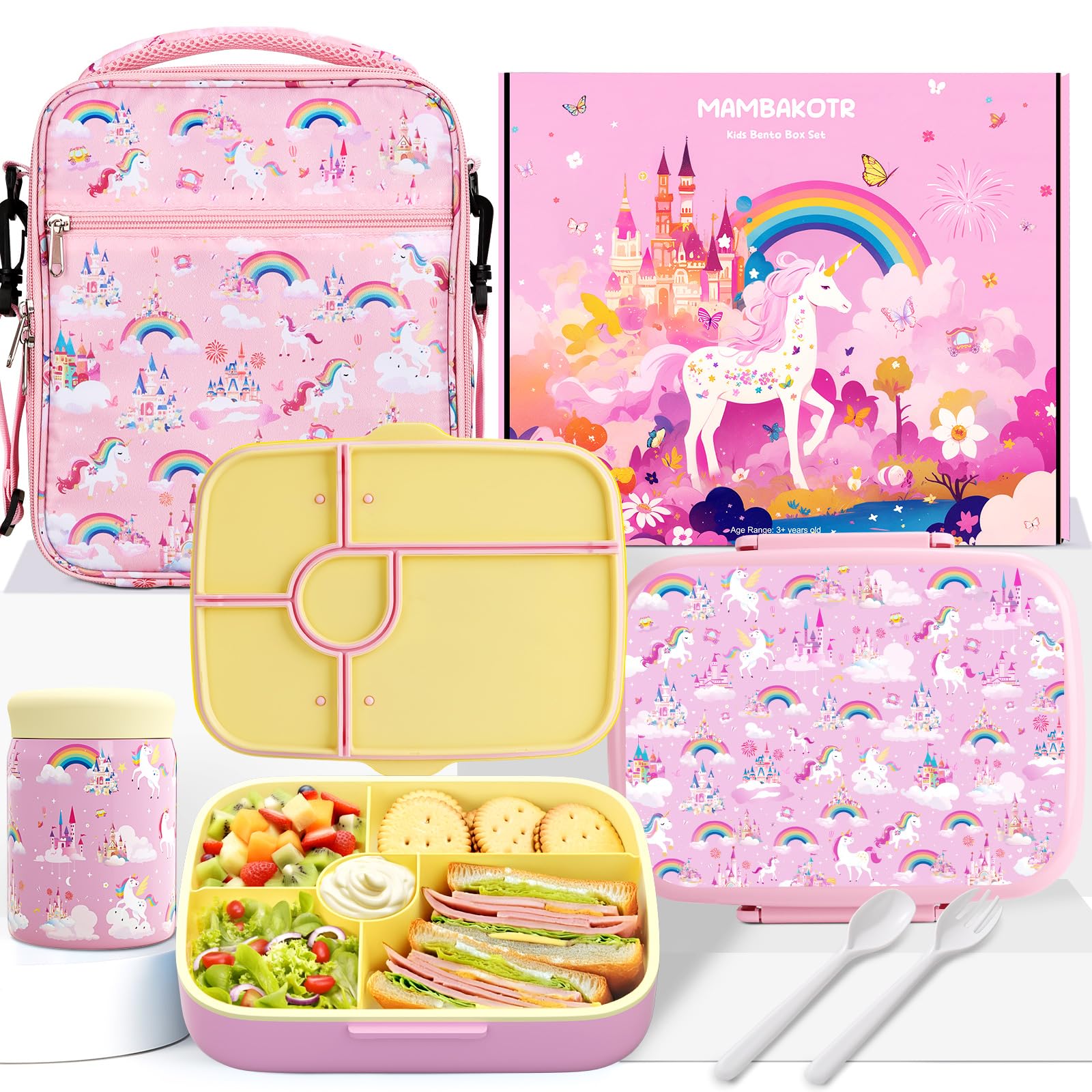 Kids Bento Lunch Box with Thermo Leak-Proof Snack Lunch Containers with Insulated Lunch Bag Utensils Set Back to School Supplies Gifts for Boys and Girls Toddlers Kindergarten Lunch Accessories Pink