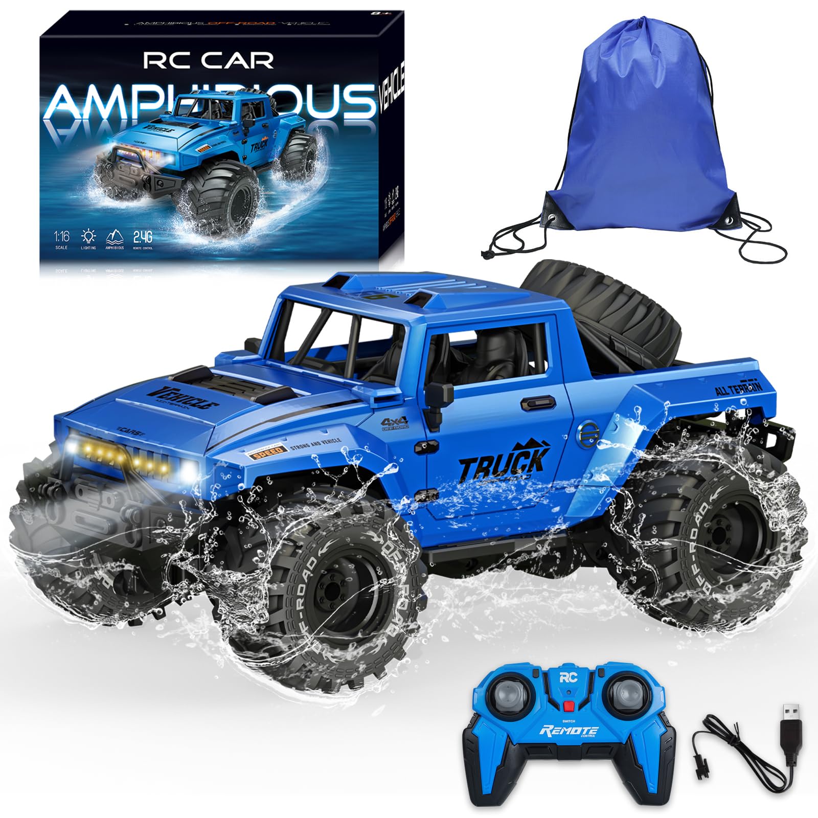 BORSTOYPRO Amphibious Remote Control Car, 1:16 Waterproof Monster Truck Toys RC Cars with Backpack, All Terrain Remote Control Car Monstertruck Stunt Vehicle 360 rotation with LED Light for Boy Kids
