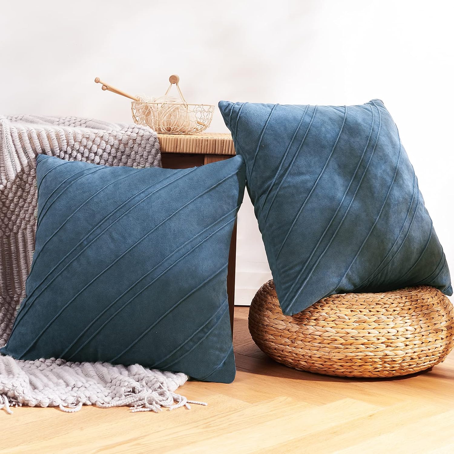 NEERYO Set of 2 Striped Fringe Decorative Throw Pillow Covers Square Soft Boho Farmhouse Cushion Cover for Bedroom Sofa Living Room Couch Decor 18 x 18 Inches Grey Blue