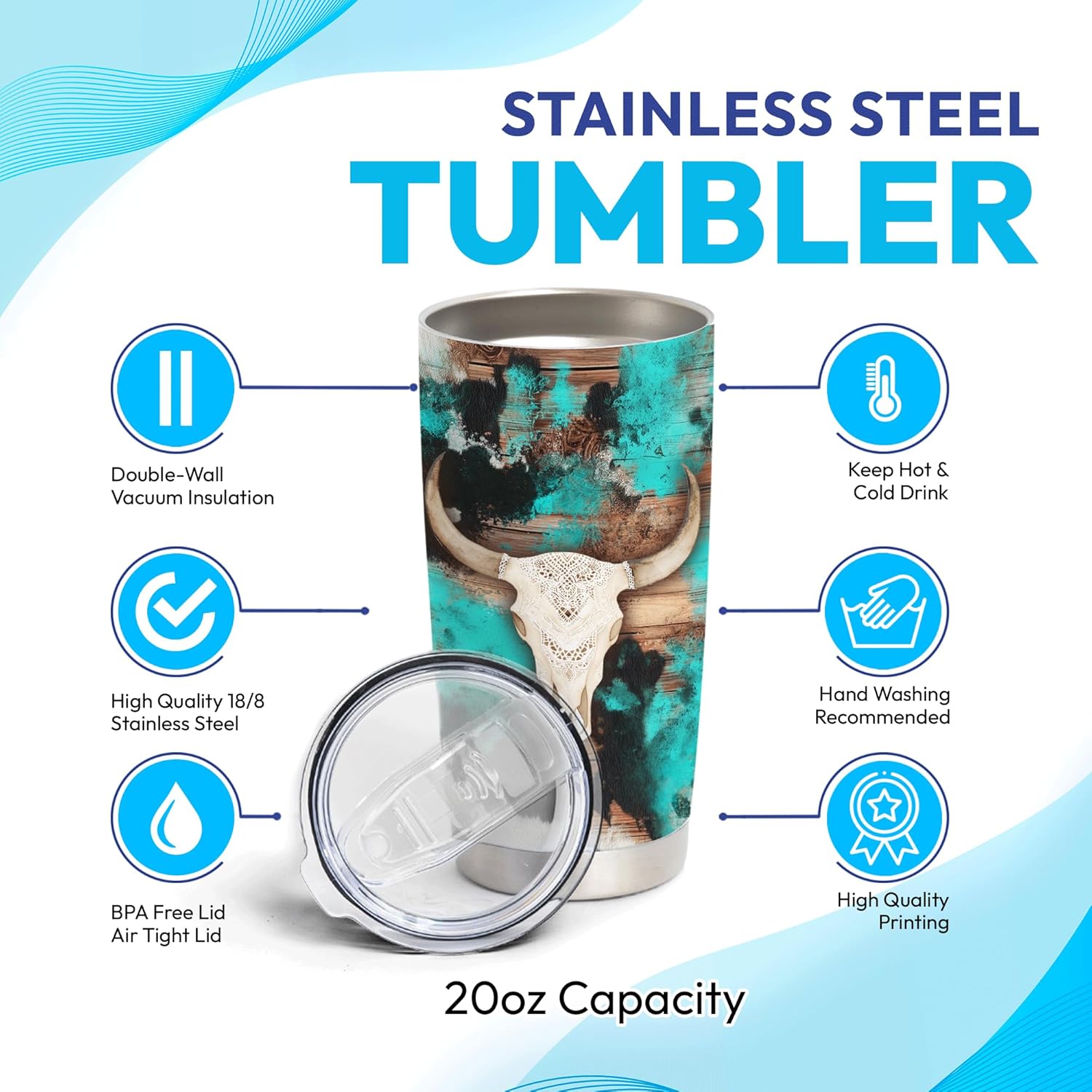 Hyturtle Personalized Cow Tumbler Cowgirl 20oz Tumbler with Lid Gift for Cows Lover Women Girl Farm Animal Lovers on Christmas Birthday - Cow Skull Cowhide Custom Name 20oz Stainless Steel Tumbler - Image 5