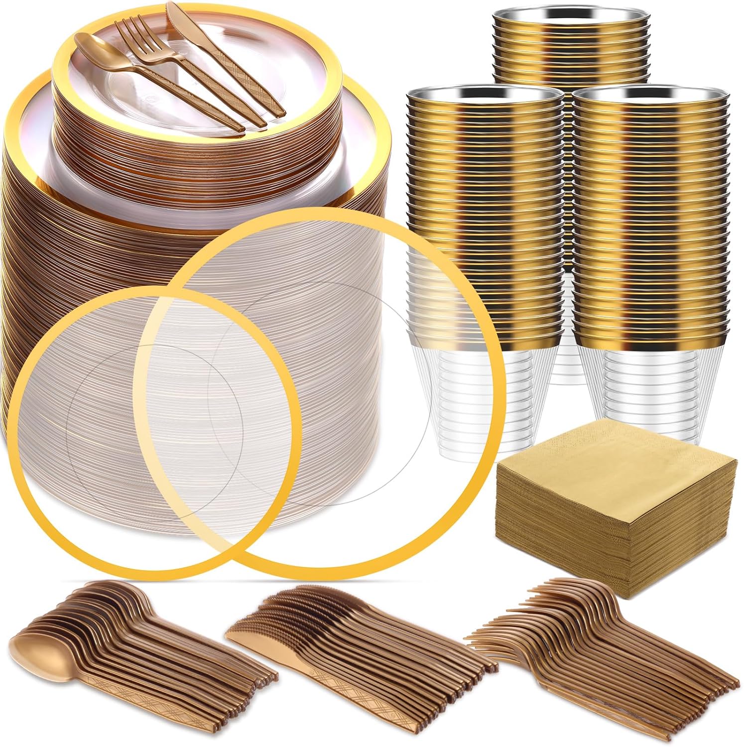 Norme 600 Pcs Disposable Plastic Dinnerware Set, 100 Clear Plastic Plates, Cups, Knives, Forks, Spoons, Napkins, Party Plates Set for Wedding Birthday Graduation(Gold)