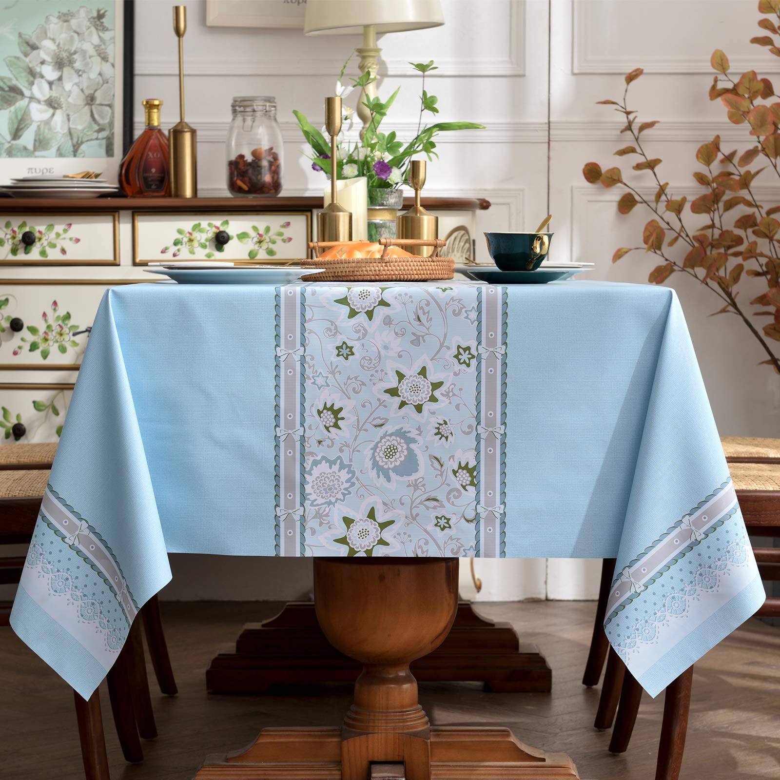 JADD Rectangle Vinyl Tablecloth -100% Waterproof Oil Proof Stain Proof Wipeable PVC Table Cloth - Decoration Vinyl Tablecloths for Kitchen, Indoor and Outdoor - Floral on Baby Blue,55 x 78 Inch
