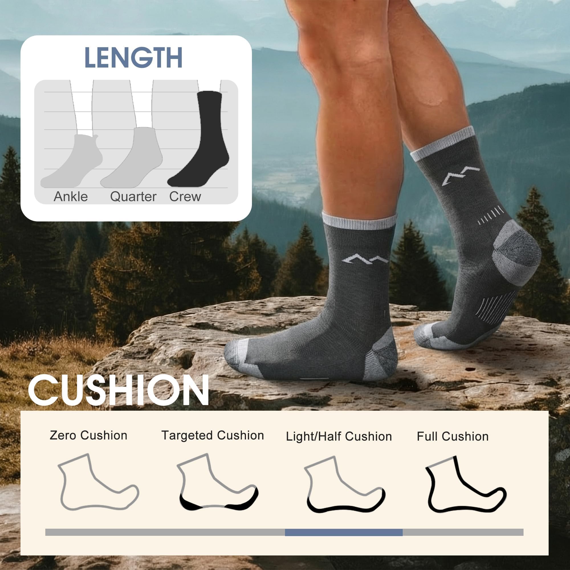 innotree Paquete de 3 calcetines de senderismo de lana merino para hombre, acolchados con micro tripulación, calcetines térmicos que absorben la humedad