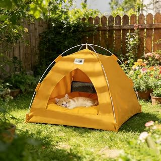 Breezy Cat Tent Indoor Outdoor Pet Teepee. (Turmeric) | Waterproof, shaded pet tent offers cats a cool shelter on patios, lawns, or camping trips,Washable Hut for Small Cats & Dogs.
