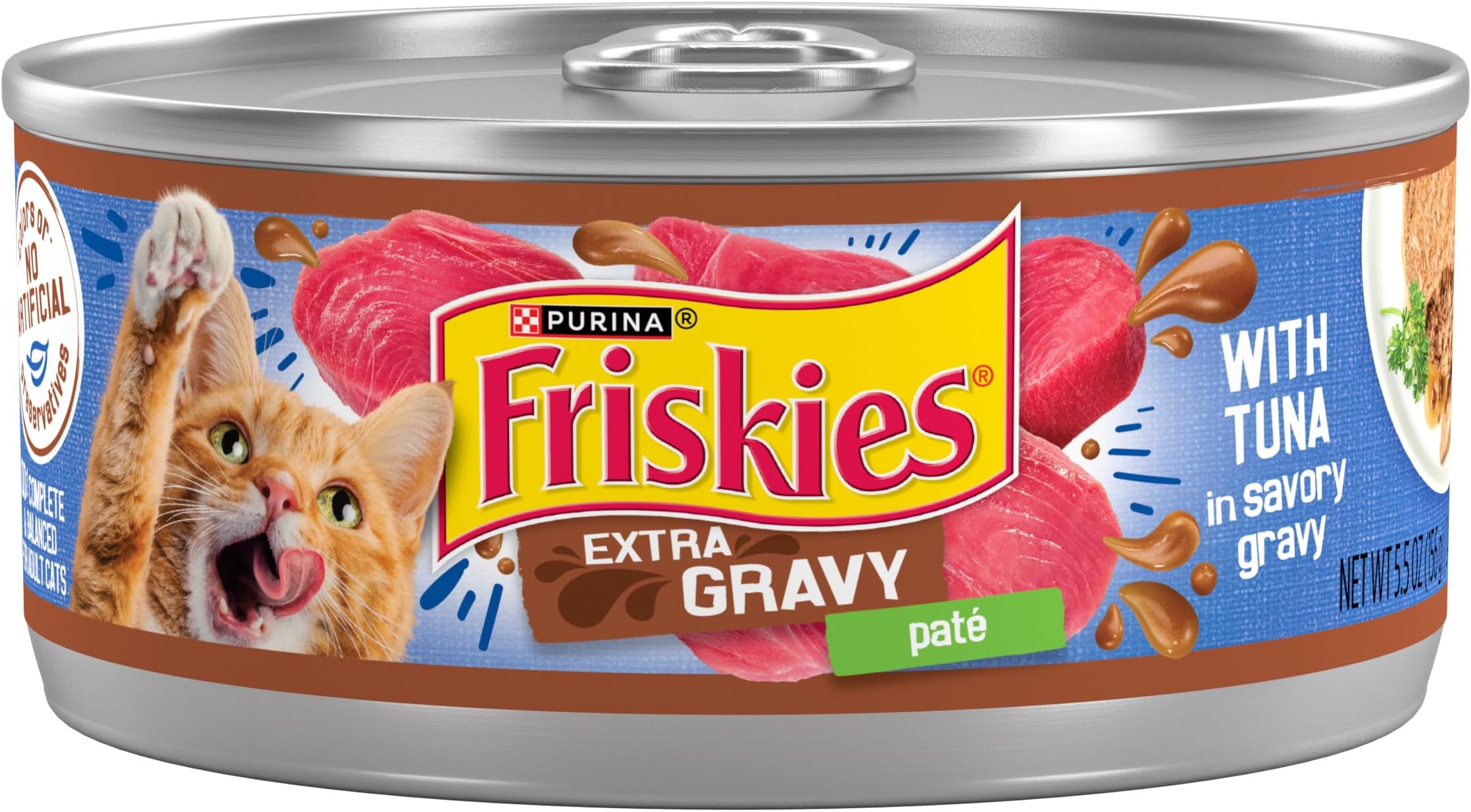 Purina Friskies Wet Cat Food, Extra Gravy Pate, Tuna, (24) 5.5 oz. Cans | Pate cat food in gravy for moist, delicious mealtime cats crave, with real tuna and no artificial colors or preservatives