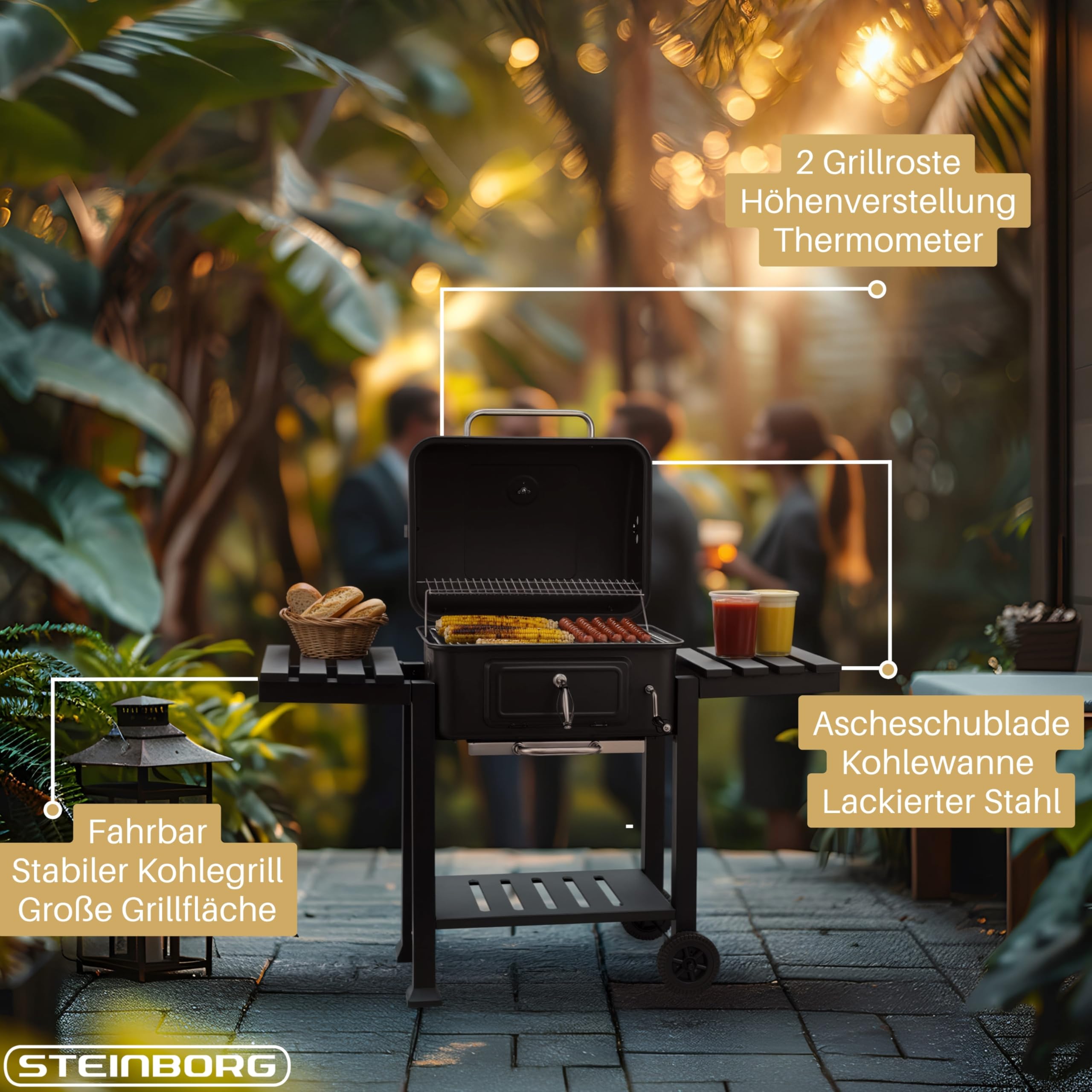 Steinborg® Holzkohlegrill mit Deckel & Thermometer – BBQ Grillwagen fahrbar mit 2 Grillrosten, Warmhalterost, höhenverstellbarer Kohlewanne, Thermometer, Ascheschublade & Seitenablagen