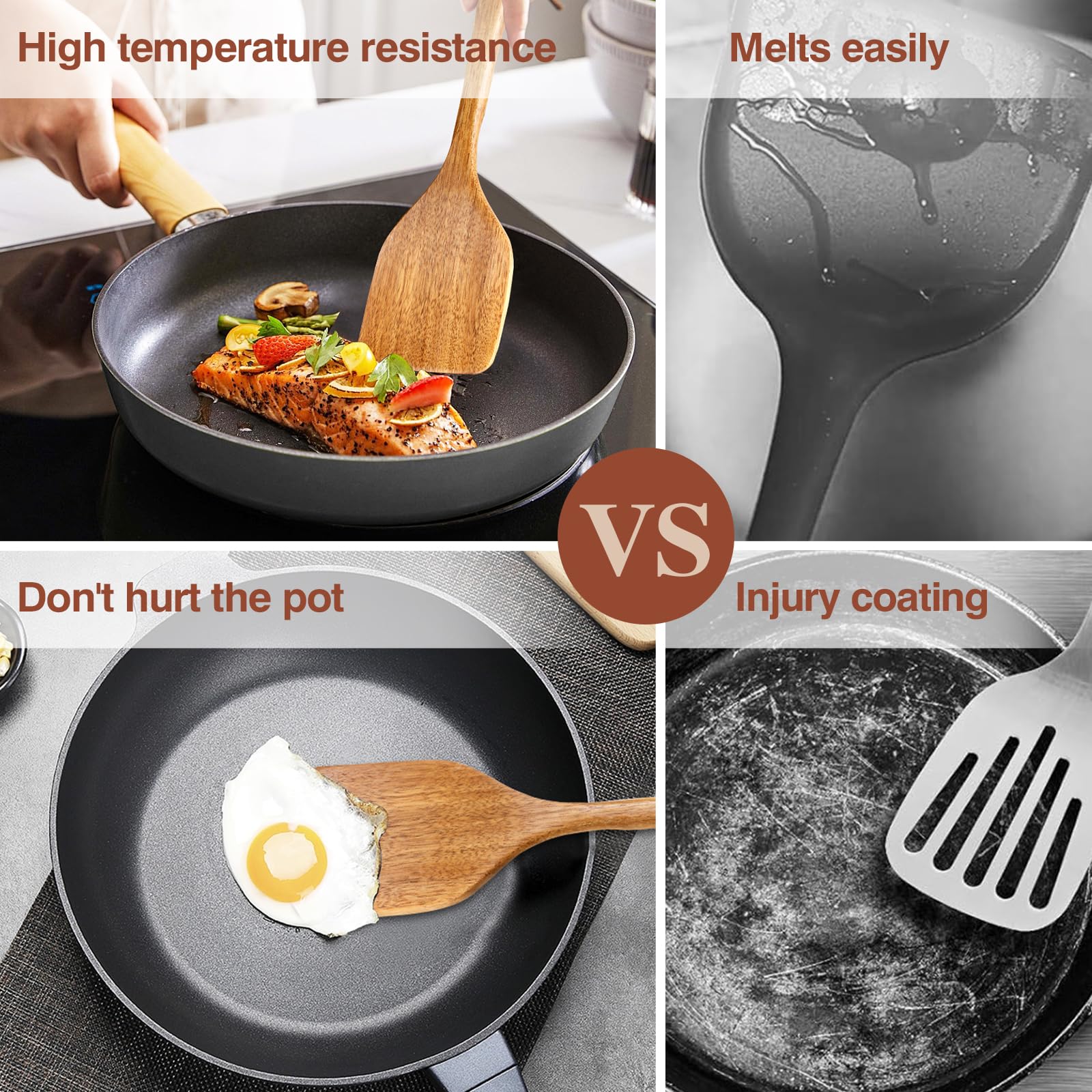 Cucharas de madera para cocinar, 6 piezas de utensilios de cocina de madera de acacia natural con diseño antiadherente y resistente al calor, juego de utensilios de cocina de madera con agujero