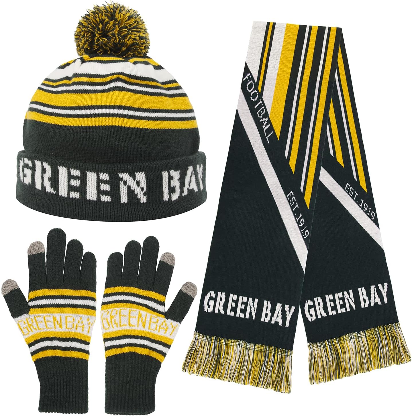 3 Set Winter Fashion Beanie Hat Knit with Warm Gloves and Scarf for Football Baseball Fans