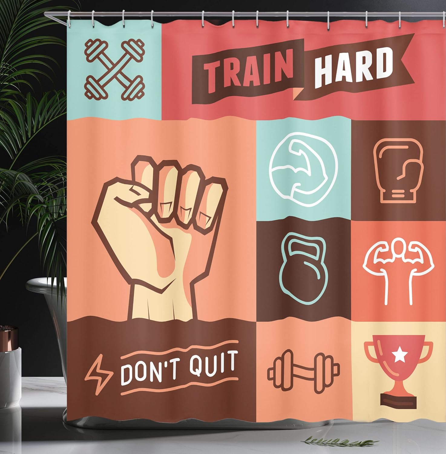 Ambesonne Fitness Shower Curtain, Gym Trainings Achievement Victory Strength Determination Don't Quit Phrase, Cloth Fabric Bathroom Decor Set with Hooks, 69" W x 70" L, Salmon Seafoam