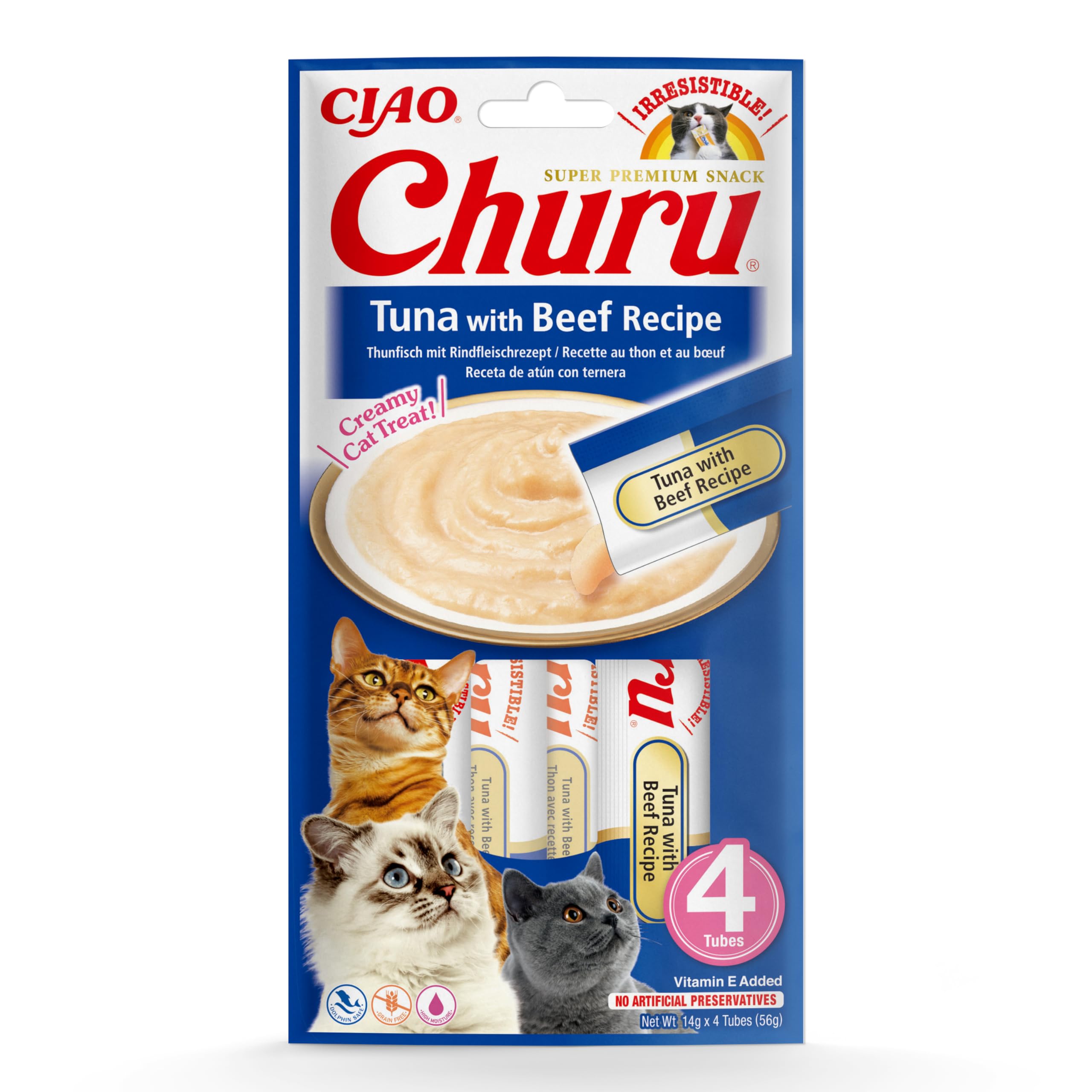 Ciao Churu Sticks by INABA Cat Treat - Tuna & Beef Flavour (4 x 14g) / Soft & Creamy Cat Treat, Delicious & Healthy Snack, Squeezable Purée Food Topper, Pill Assist, Natural, Grain Free