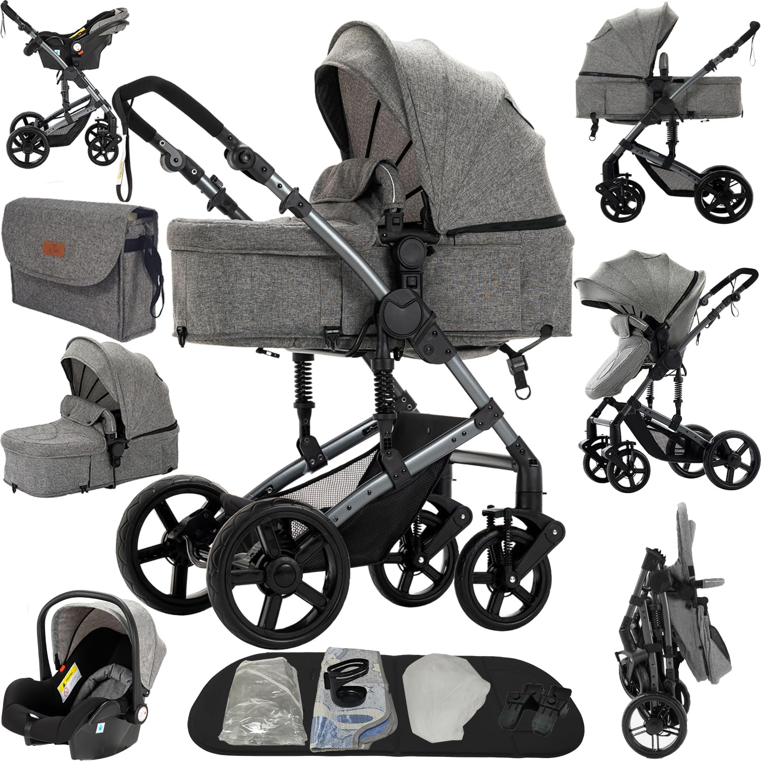 Reenborn Kinderwagen 3 in 1, Buggy mit Zwei Umkehrbaren Schiebemodi, Kinderwagen mit Rahmen Aluminiumlegierung, Kombikinderwagen 3 in 1 Komplettset Ein-Klick-Faltdesign (588 Grey)