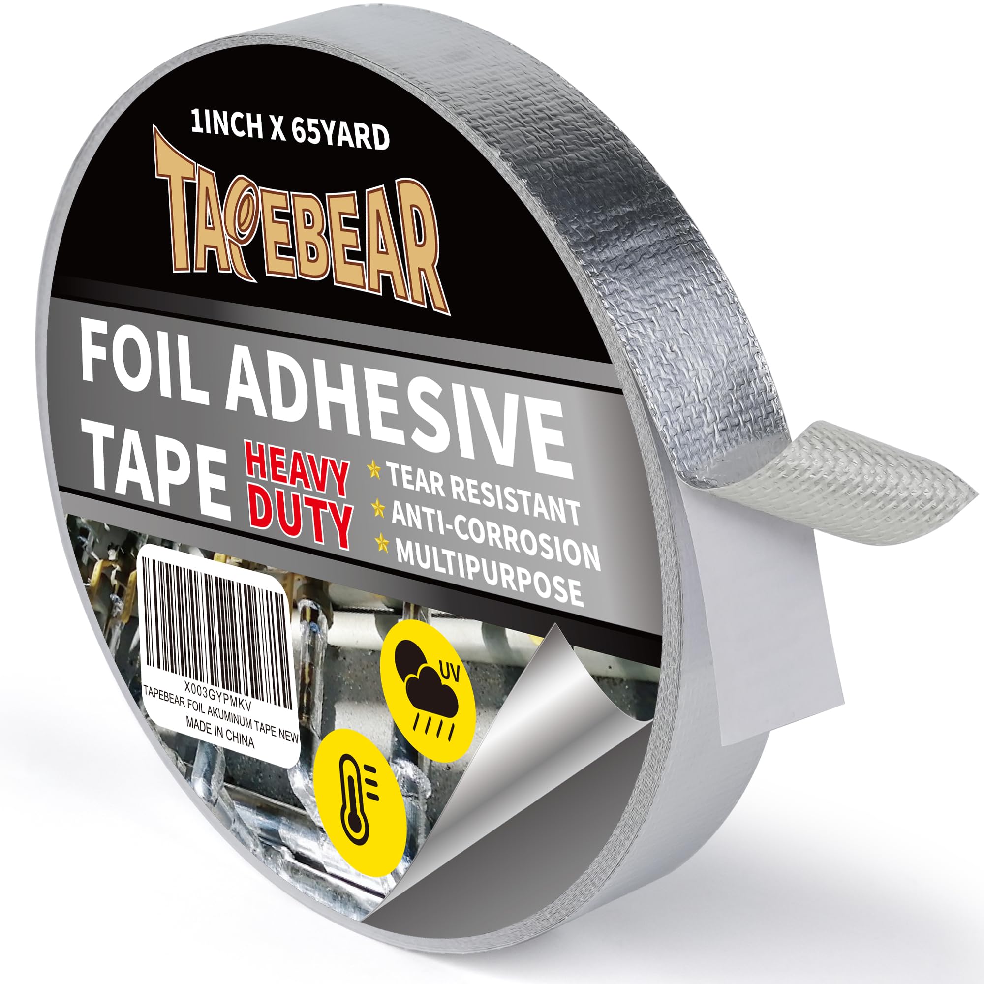 TAPEBEAR Heat Shield Tape Aluminized Fiberglass Cool Tape 1inch x 65Yards, Self-Adhesive Reflective Thermal Barrier Tape Heat Resistant for Air Dryer