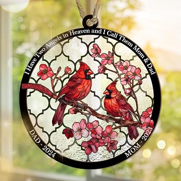 Personalized Cardinal Window Suncatcher Memorial Ornament I Have Two Angels in Heaven Custom Remembrance Gift for Loss of Mom and Dad Cardinal Suncatchers for Windows or Car Mirror Display