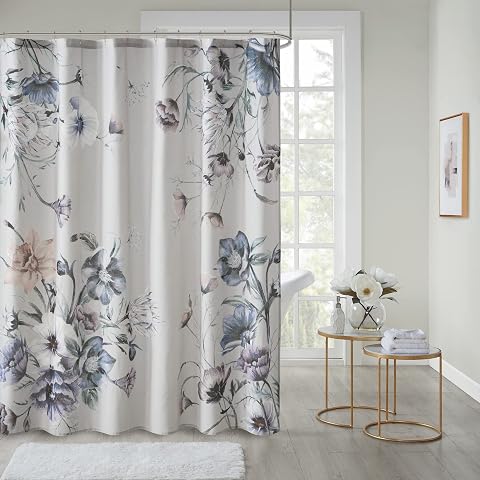 Madison Park Cassandra Pamuk Perkal Banyo Duşu, Baskılı Çiçek Desenli Modern Shabby Chic Gizlilik Banyo Kumaş Perdeler, 182 cm x 182 cm, Mavi