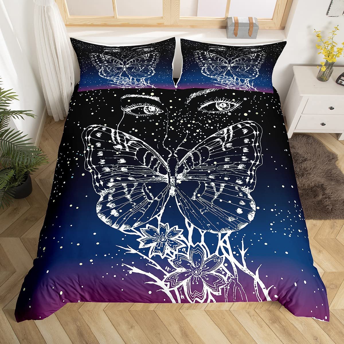 Housse de couette papillon et 2 taies d'oreiller bleu ciel étoilé