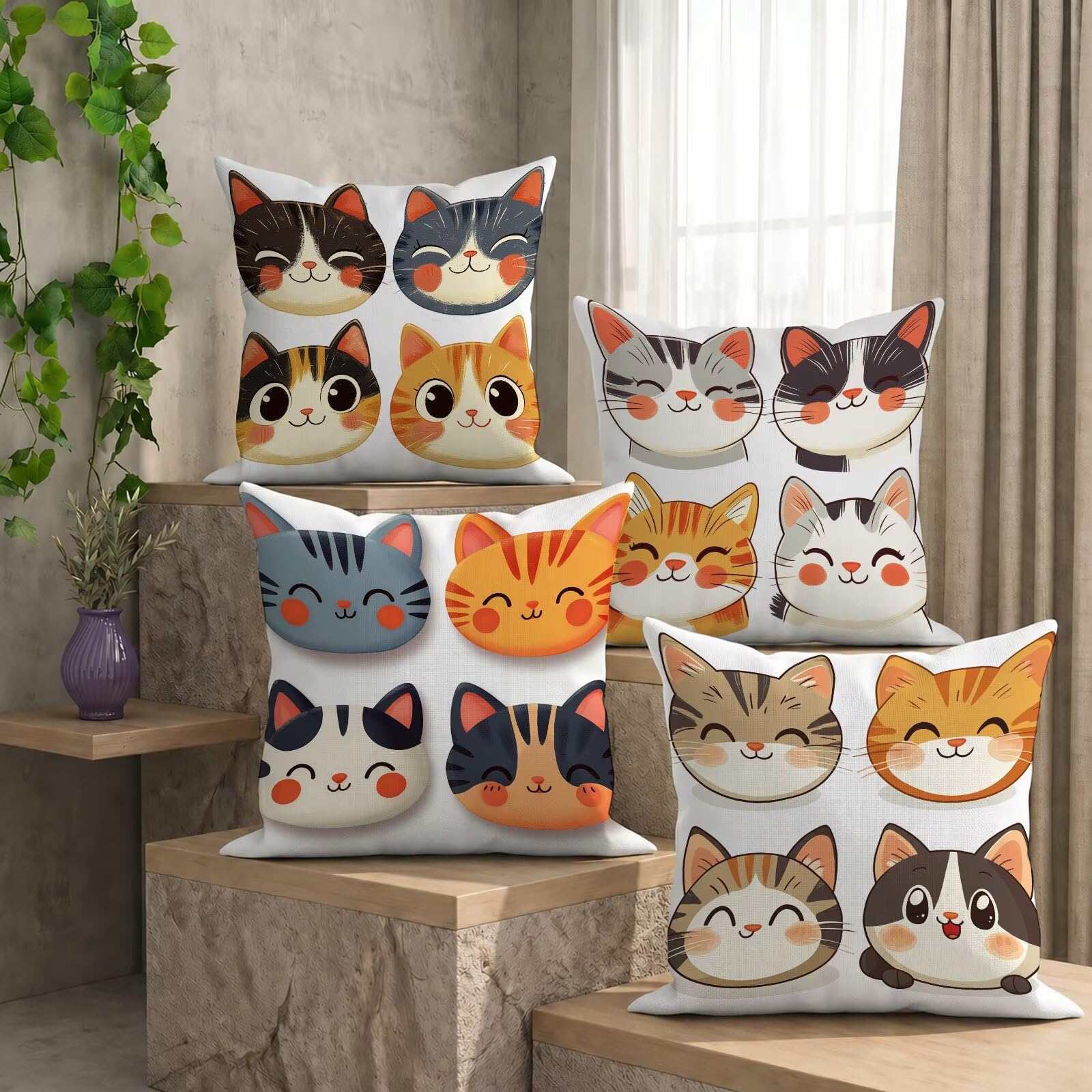 Fundas de Cojines Impermeables para Exterior Lindo Funda Cojin 55x55 cm Juego de 4 Cuadradas Lino Funda de Almohada Decorativas para Sofá Terraza Silla Jardín Cojines Decorativos (Gato) L-O339