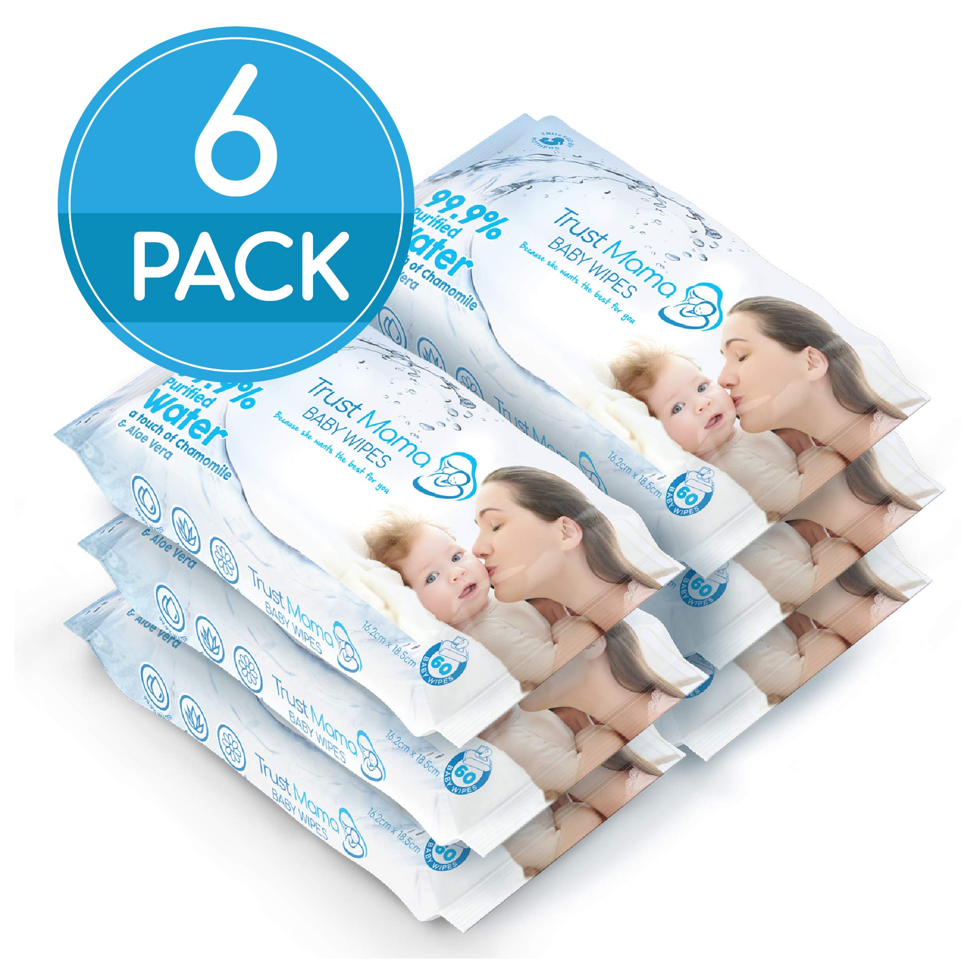 Trust Mama Water Wipes 99.9% Water For Sensitive Skin 6 Packs (360 Wipes)