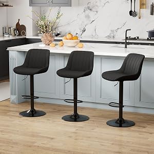 Youhauchair BarStools Set of 3, Swivel Counter Height Bar Chairs with Back, Adjustable PU Leather Bar Stools, Modern Armless Kitchen Island Stool, Black