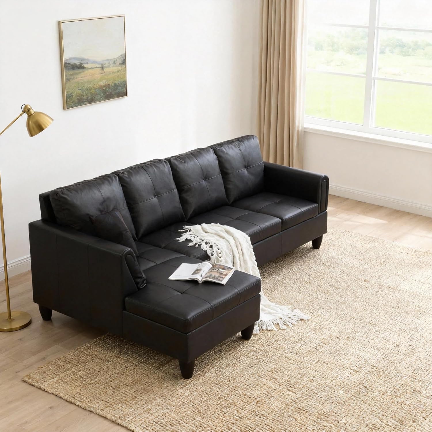 L Shaped Couch Sectional Couches with Chaise, 3 Pieces Modular Convertible Sofa for Living Room Furniture Sets and Small Apartment Faux Leather, Black