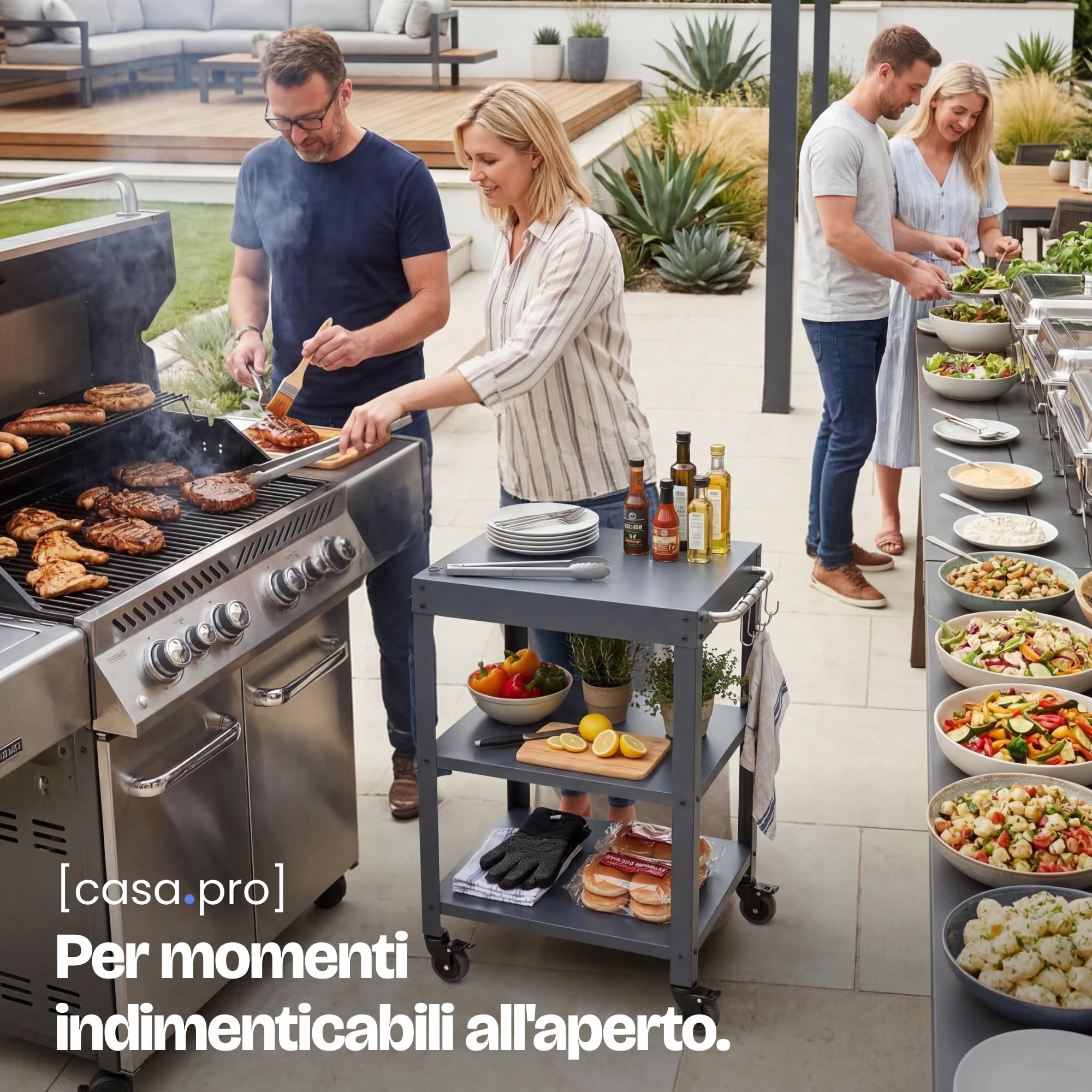casa.pro Carrello Portavivande da Giardino in Acciaio con 3 Ripiani e Ruote Carrello Portatutto Da Cucina Servizio Portata a Rotelle 81x50x50 cm - Grigio Scuro opaco