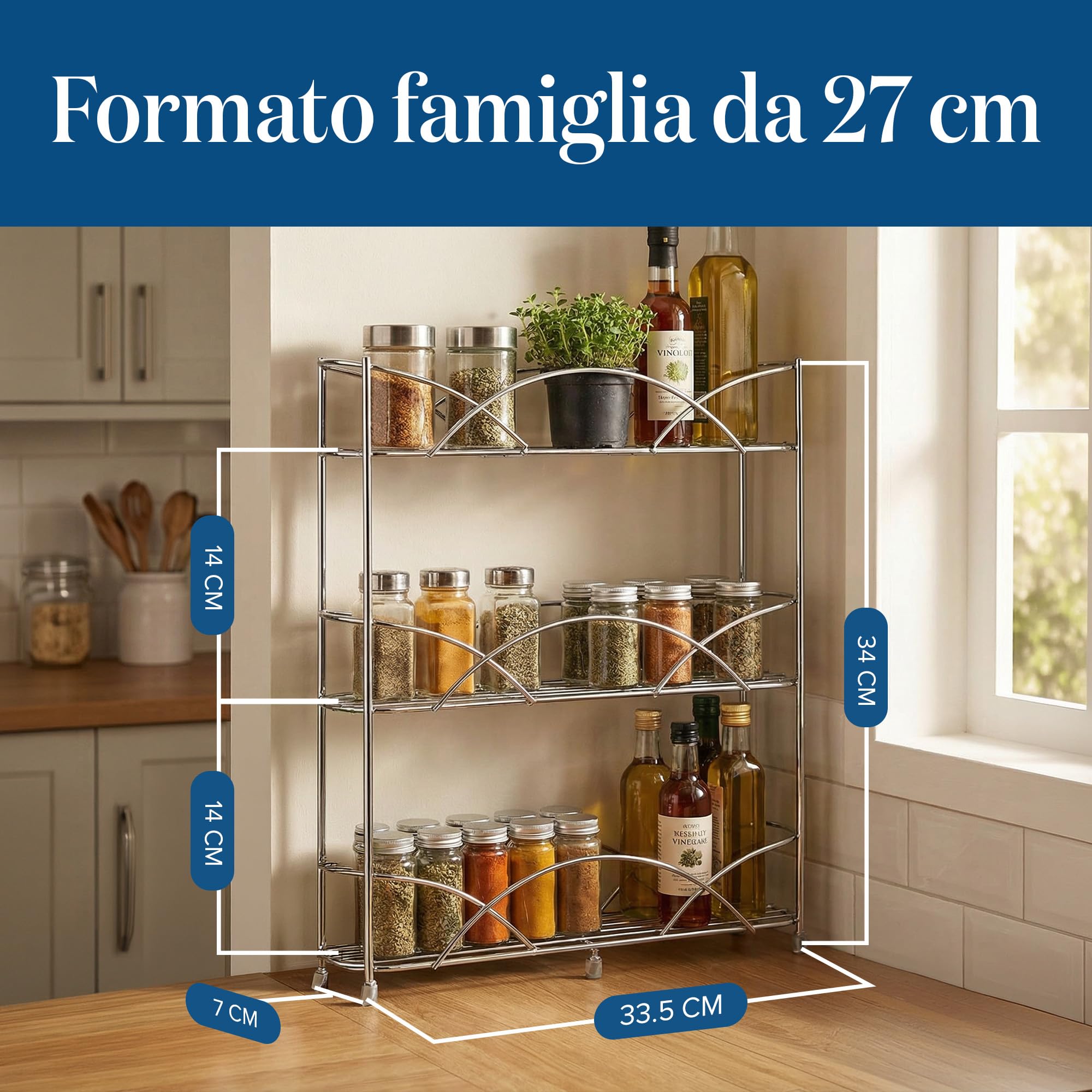joeji's Kitchen Portaspezie a 3 Livelli - Portaspezie Da Appoggio Salvaspazio - Adattarsi a Vasetti Di Diverse Dimensioni - Adatto Per 18 Barattoli Di Spezie - Argento