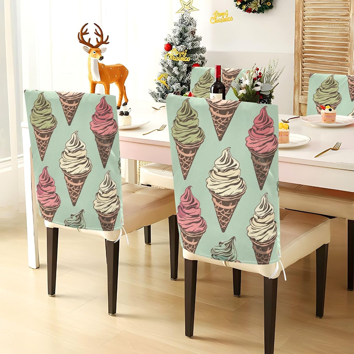 ALAZA Colorful Ice Cream Chair Back Cover Set of 6, Washable Reusable Removable Chair Slipcovers Decorative Chair Cover for Home Kitchen Wedding Party