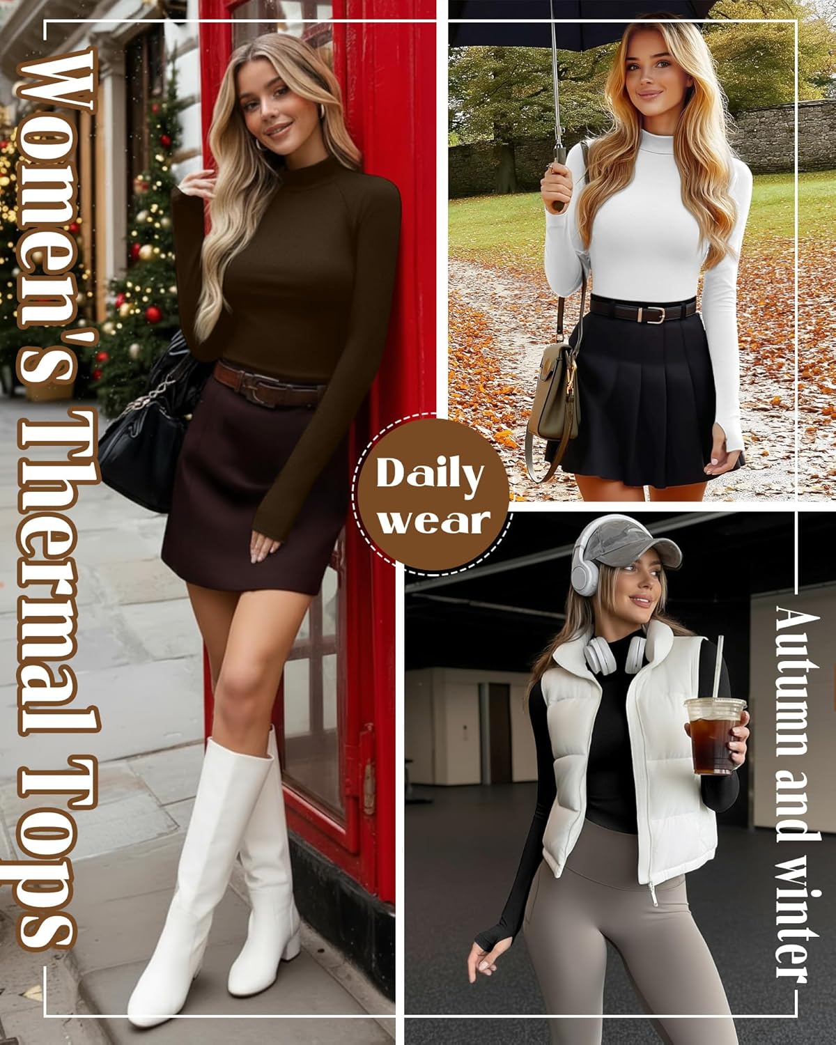 3 Pack Women's Thermal Mock Turtleneck Tops Long Sleeve Shirts Fleece Lined Undershirt with Thumb Hole Fall Winter - Image 2