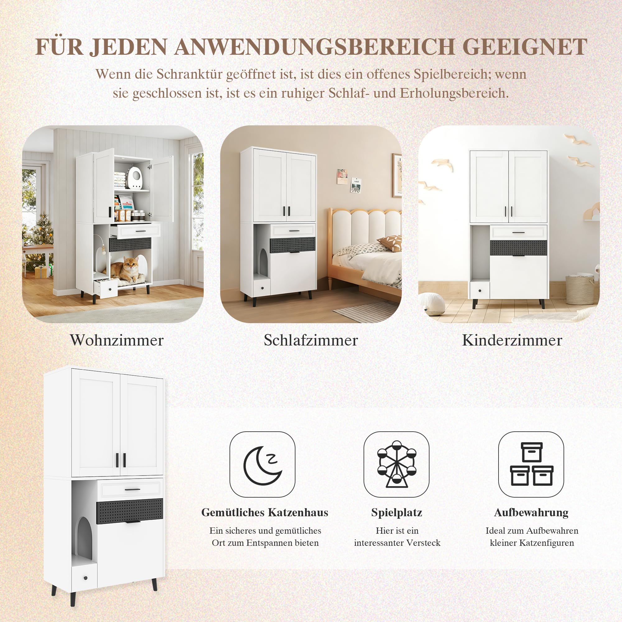 Gecheer Multifunktionaler Katzenaufbewahrungsschrank - Stabiler Schrank mit Ablagefächern, Schubladen Schlafplatz für Katzenzubehör Spielzeug für Wohnung, Haushalt, Katzenzimmer Tierliebhaber