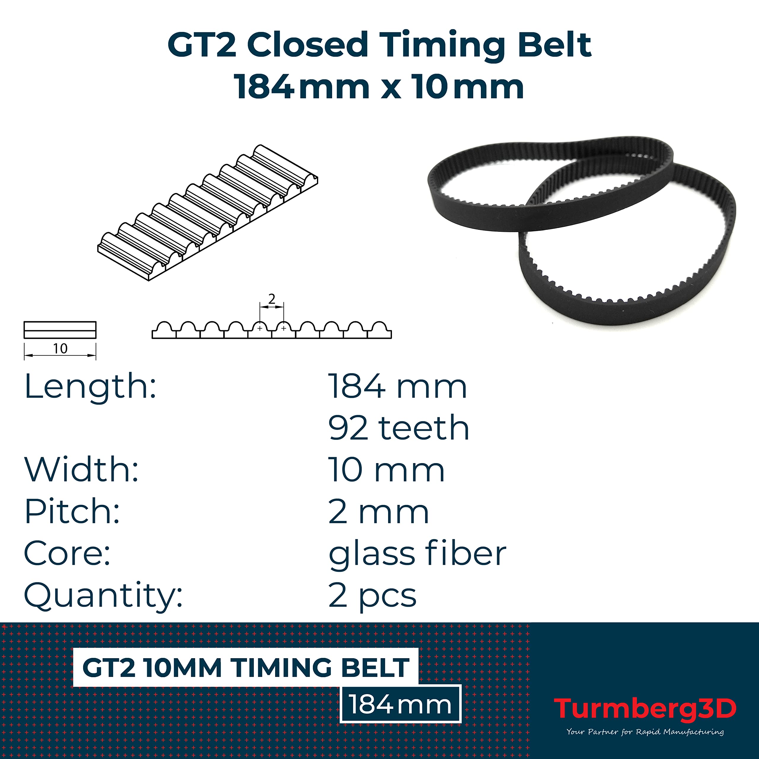 GT2 zamknięty pasek zębaty, szerokość 10 mm, długość 184 mm, po 2 sztuki, sznurek z włókna szklanego (184 mm)