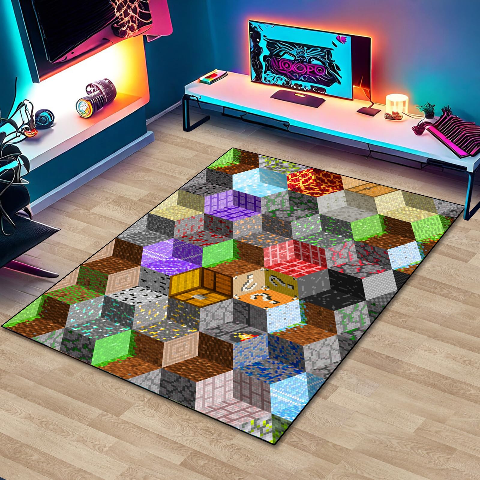 Block Game Rug Teen Boys Carpet with Pixel Games Element Decoration Mat, Cube Block Game Rugs for Boy’s Bedroom Kids Living Room Playroom, Non-Slip