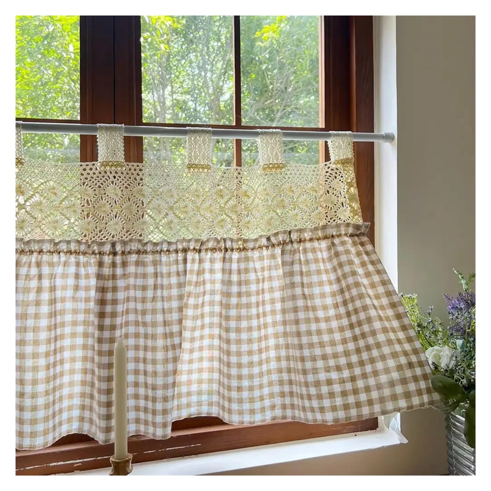 LNNXSZ Short Curtains Ruffled Gingham Kitchen Curtain Crochet Lace Trim For Cafes Dining Nook Farmhouse Window Drapes Home Decor(1 Panel W140xH50cm)
