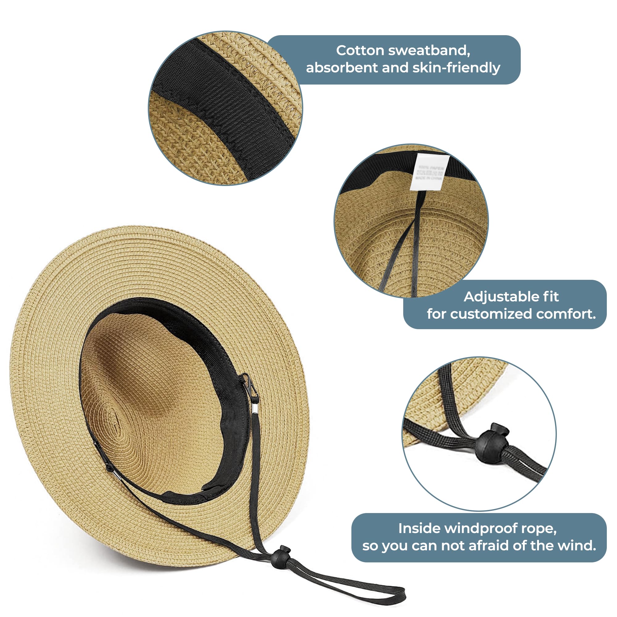 Sun Hat Straw Fedora Hats for Men Women Beach Hat Panama Hat Men Wide Brim Summer Hats UPF80+ Khaki
