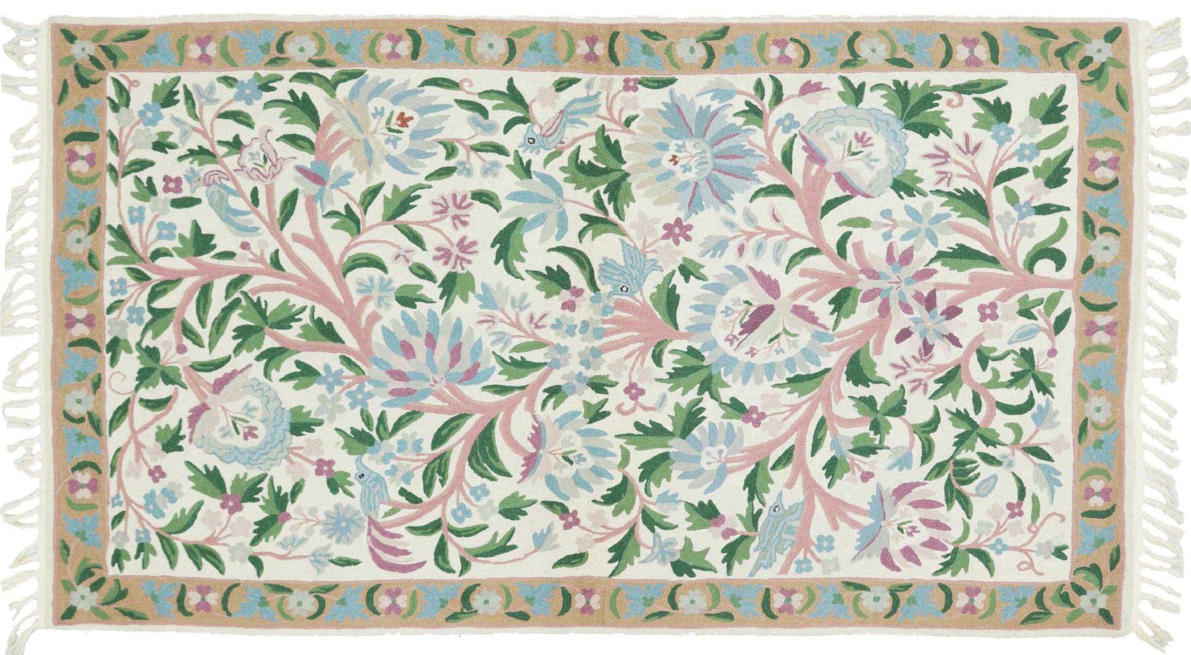 Tapis motif floral chainstitch beige 90x160 cm tissé main intérieur