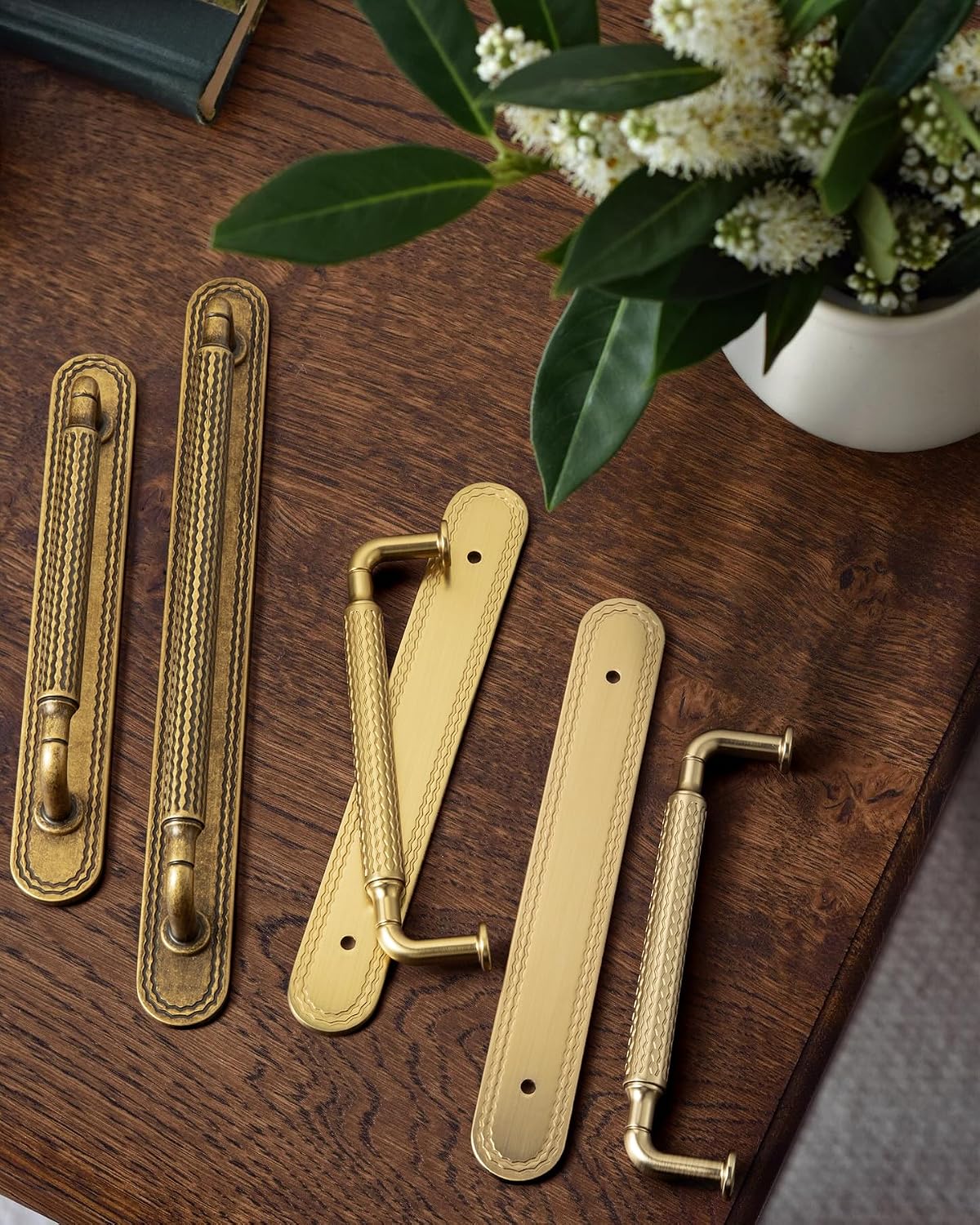 Goo-Ki Champagne Bronze Cabinet Pulls with Backplate, Solid Zinc Alloy Kitchen Drawer Handles, Crescent Wave Decorative Plate Cabinet Hardware, 5 Inch (128mm) Hole Center, 6 Pack
