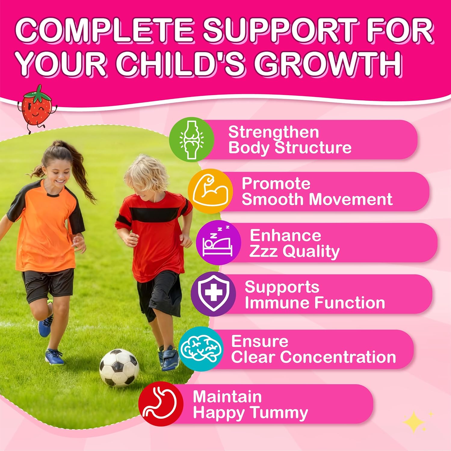 Kids Calcium Gummies with D3 & Magnesium for 4+: Sugar Free Calcium Citrate with Vitamin D3, K2, Zinc, Probiotics & Prebiotics for Kids - Gluten Free, Non-GMO,Vegan, Natural Strawberry Flavor