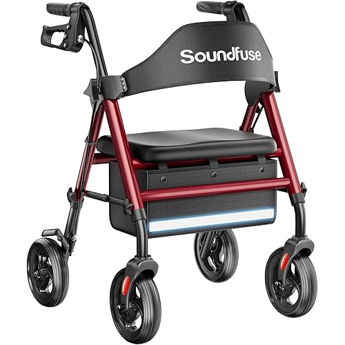 Soundfuse Rollator Walkers with Seat for Seniors, Foldable 8" Big Wheels All Terrain Rolling Walker, Handles and Ergonomic Seat Height Adjustable, 350 lb