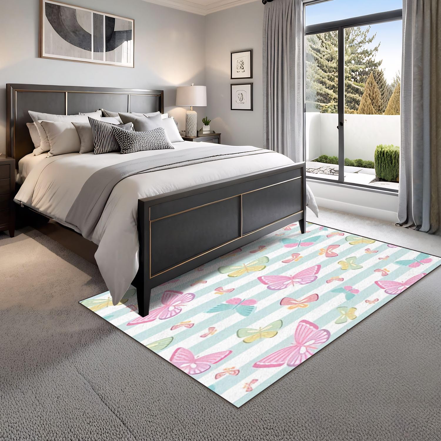 4x5 Pink Boho Rug Rugs for Living Room Rugs for Entryway Girly Butterfly Pattern Seamless Cute Spring Bedroom Rug Door Mat Nursery Room Decor Rainbow Carpet