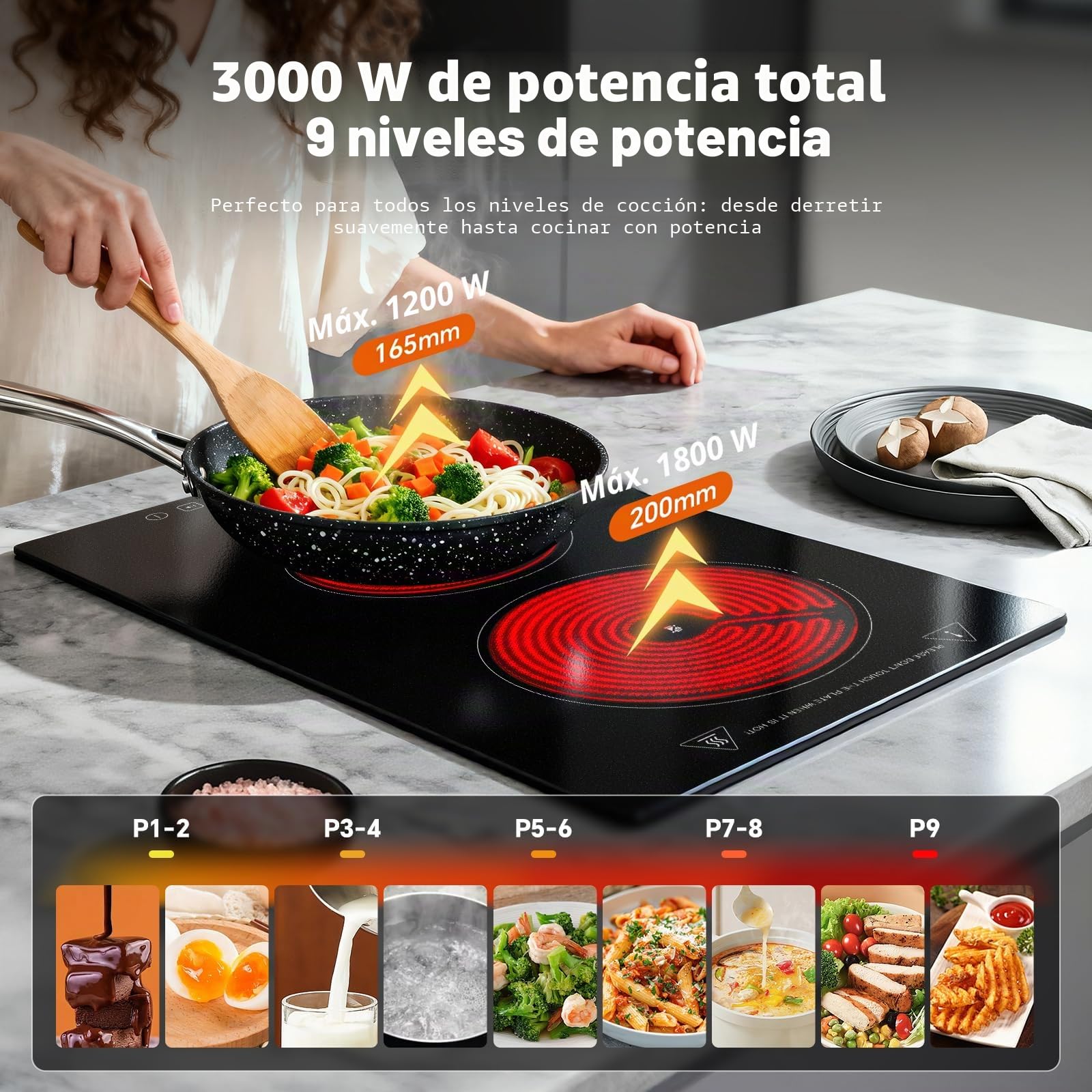TopStrong - Placa vitrocerámica de 2 fuegos, placa de cocción eléctrica, empotrable 30 cm con control táctil, 3000 W, temporizador 99 min, bloqueo infantil